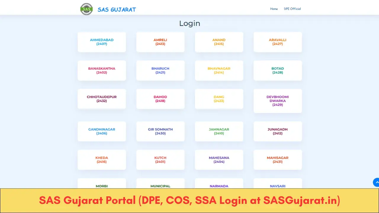 SAS Gujarat Portal (DPE, COS, SSA Login at SASGujarat.in)