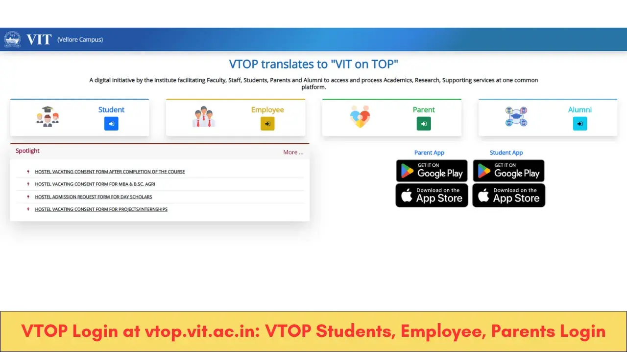 VTOP Login at vtop.vit.ac.in: VTOP Students, Employee, Parents Login
